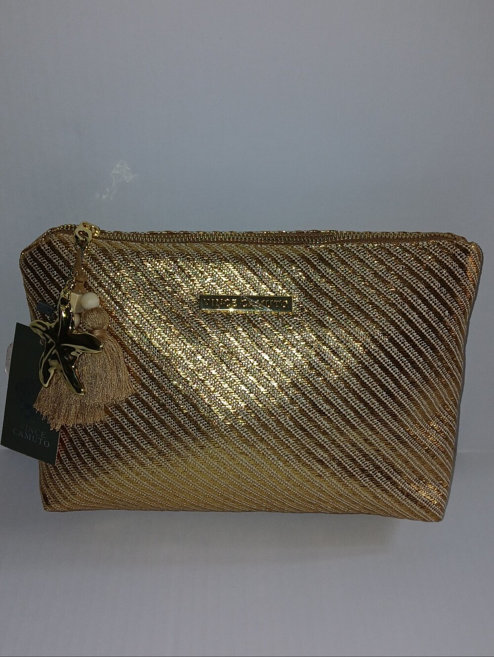 Vince Camuto Woven Canvas Metallic Cosmetic Bag with Starfish Tassel Charm, Med